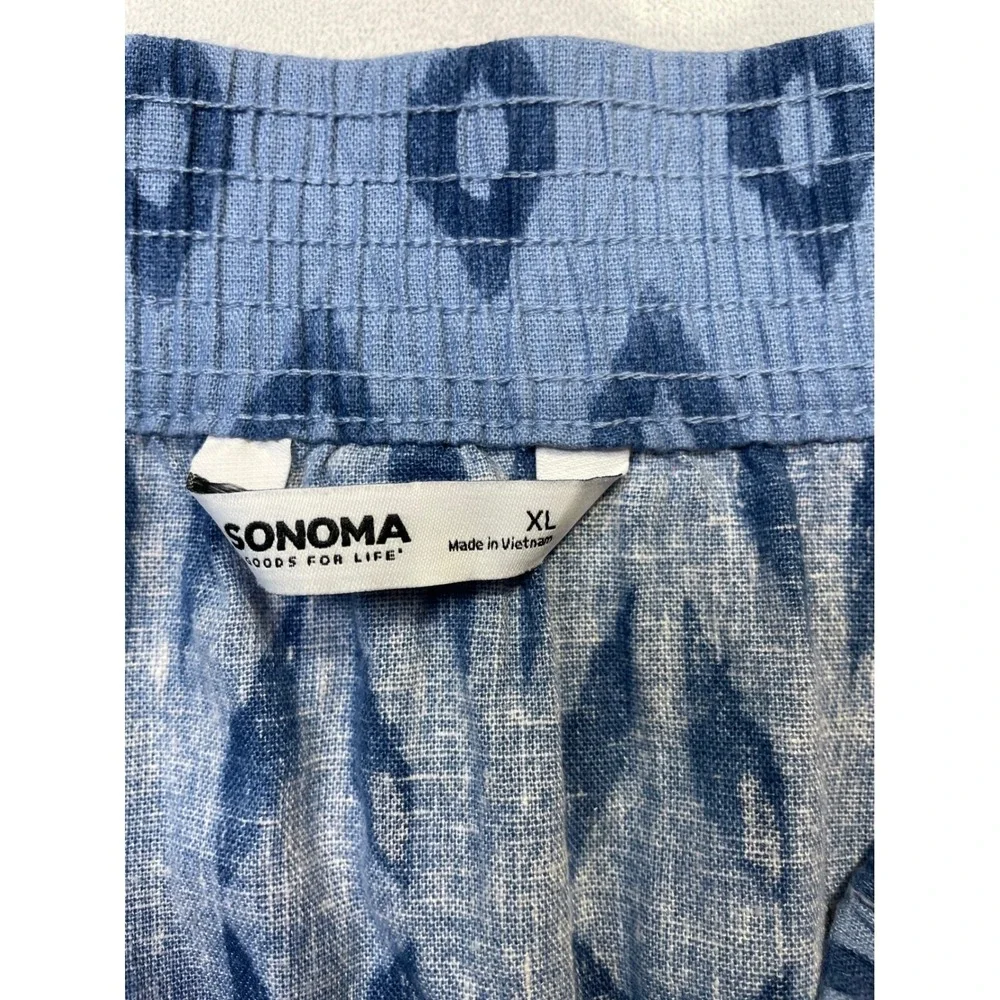 linen‎ blend blue ikat print midi skirt pockets L boho coastal cottage summer